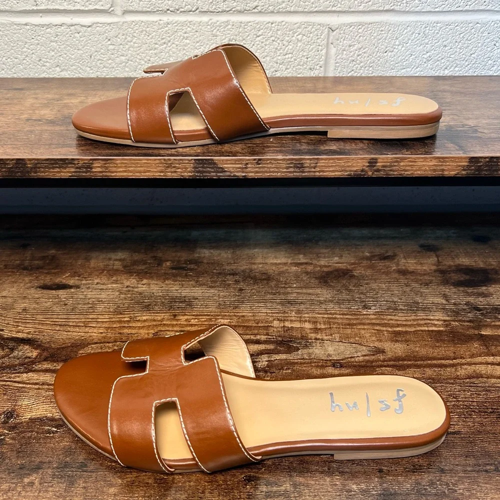 French Sole Alibi Brown Leather Flat Sandals Slip On Open Round Toe Women's 9.5 - Picture 2 of 10